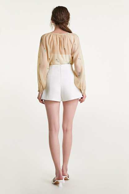 Beige Floral Embroidery Button Front Balloon Sleeve Blouse