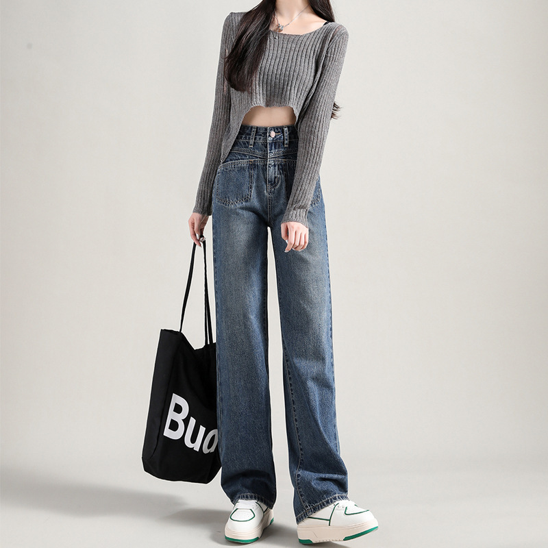 Blue High-Rise Straight-Leg Panel Pocket Jeans