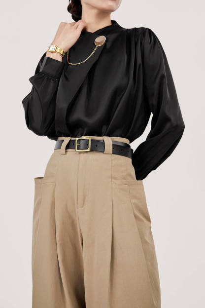 Black Mock Neck Ornamental Lantern Sleeve Blouse