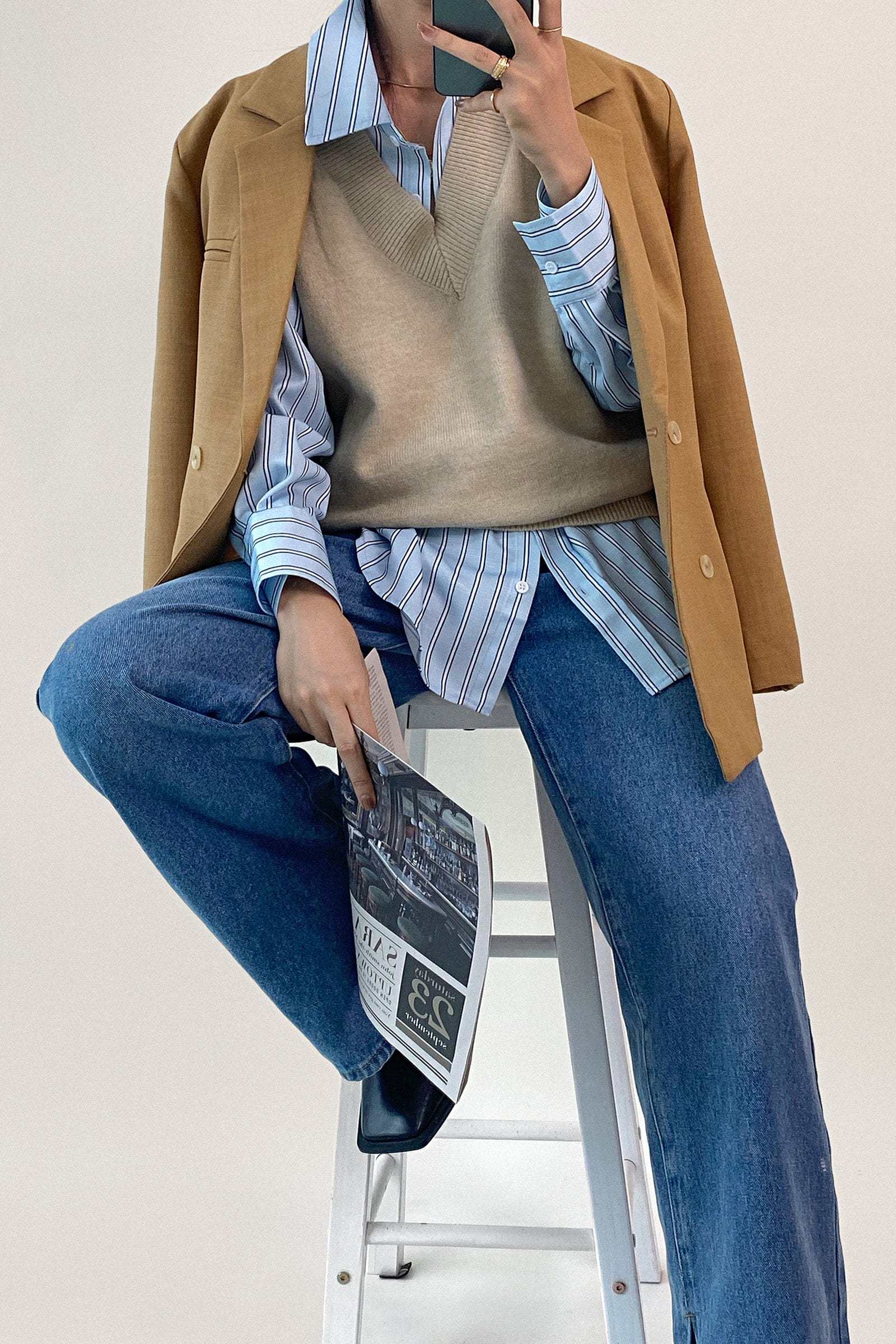 Light Blue Striped Pocket Button-Up Long Sleeve Shirt