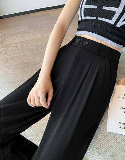Black Business Casual Double Buckle Wide-leg Suit Pants