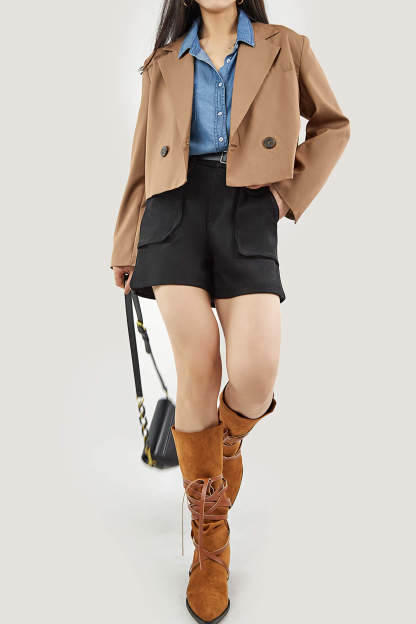 Saddle Brown Double-Breasted Cropped Blazer