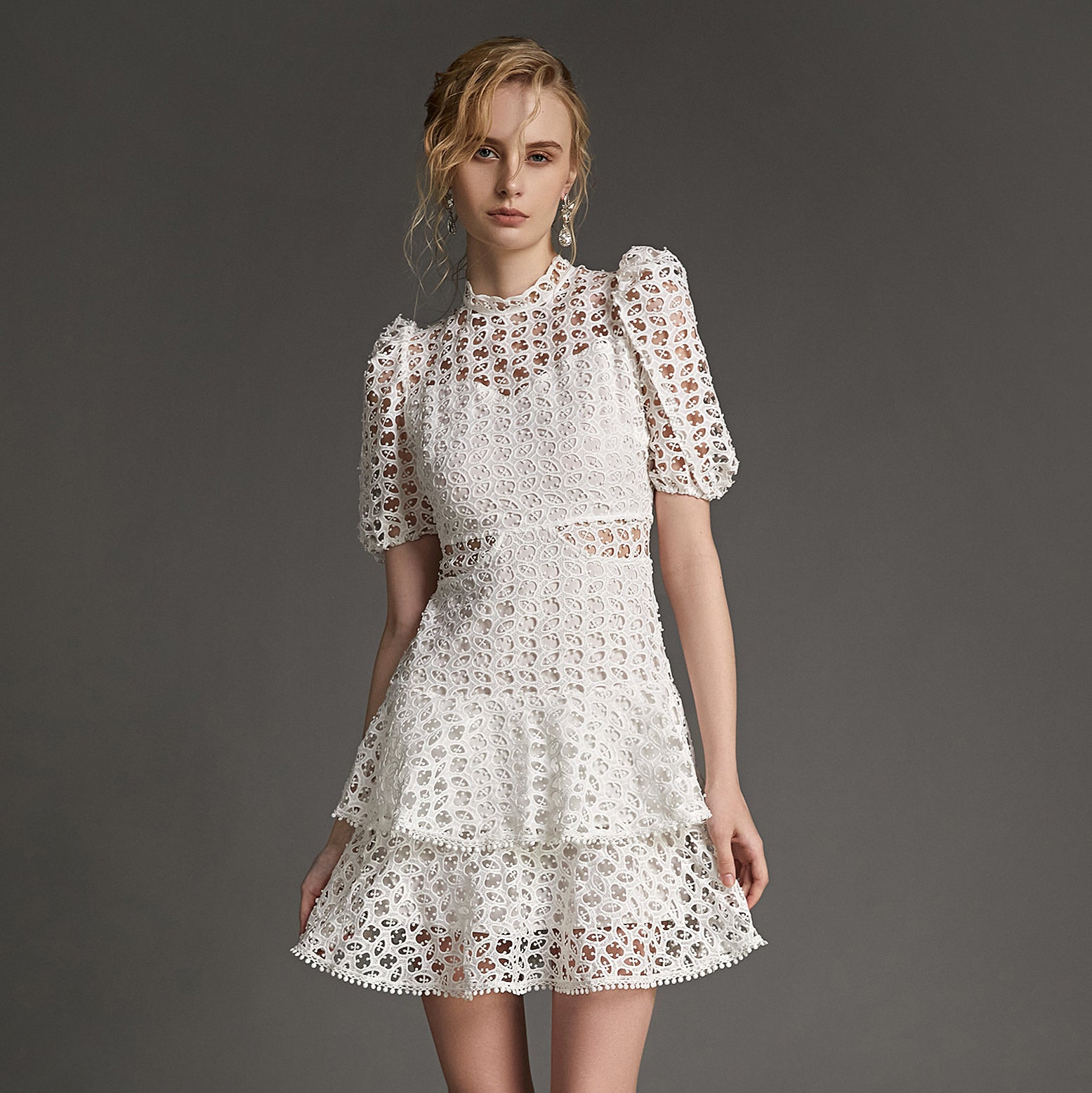 White Crochet Lace Pom Pom Tiered Mini Dress