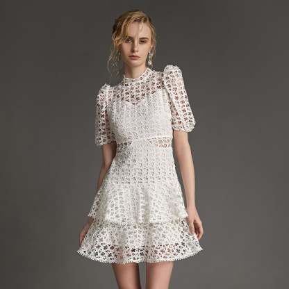 White Crochet Lace Pom Pom Tiered Mini Dress
