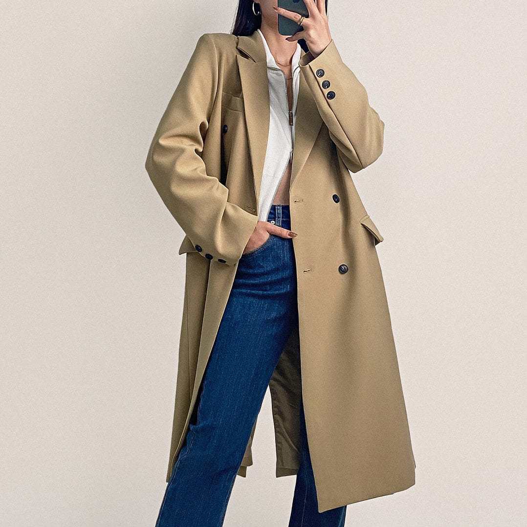 Khaki Padded Shoulder Double-Breasted Longline Coat