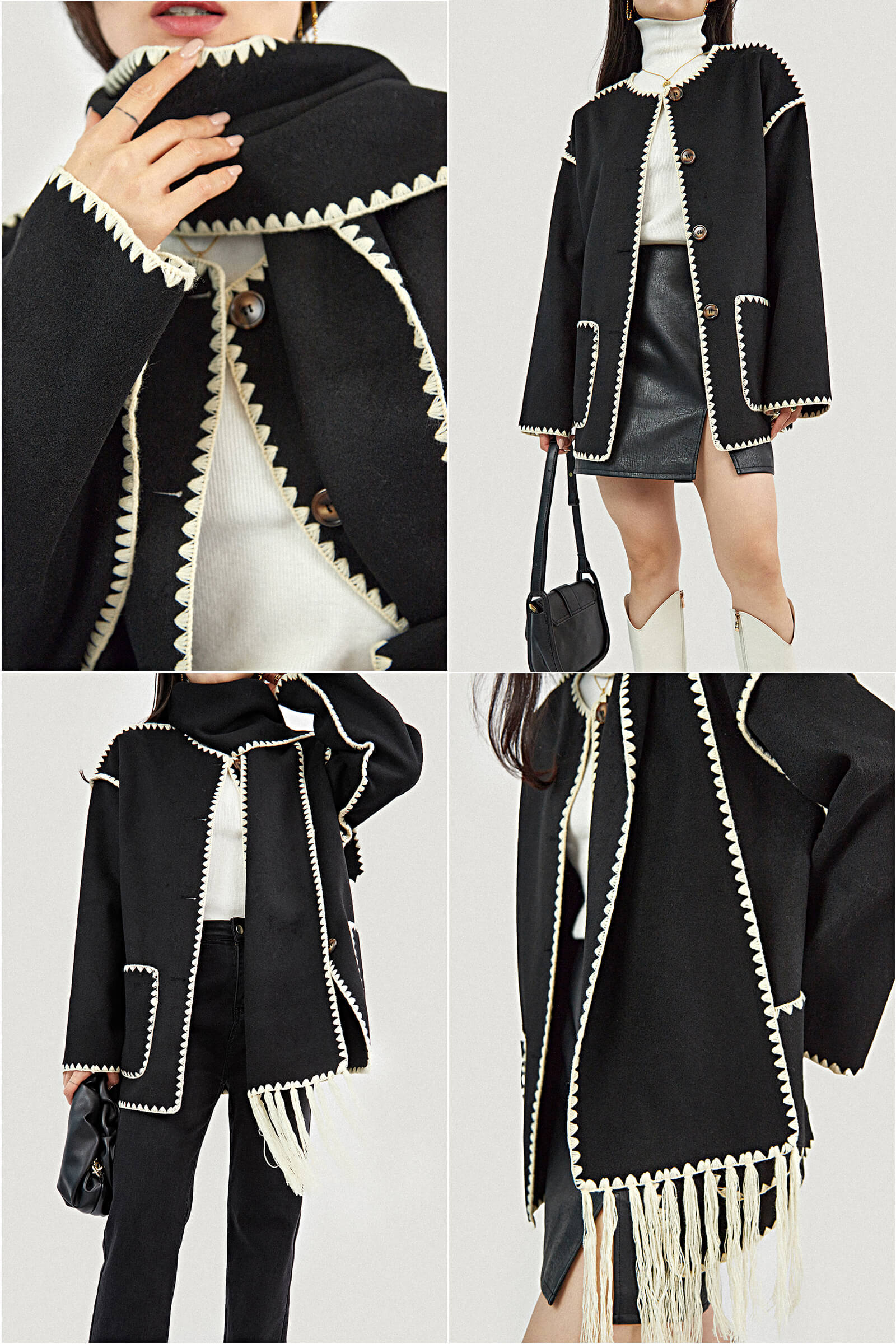 Black Contrast Drop Shoulder Wool-Blend Tweed Coat with Scarf