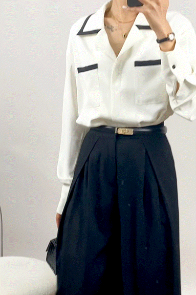Contrast Trim Notched Lapels Button-Up Blouse