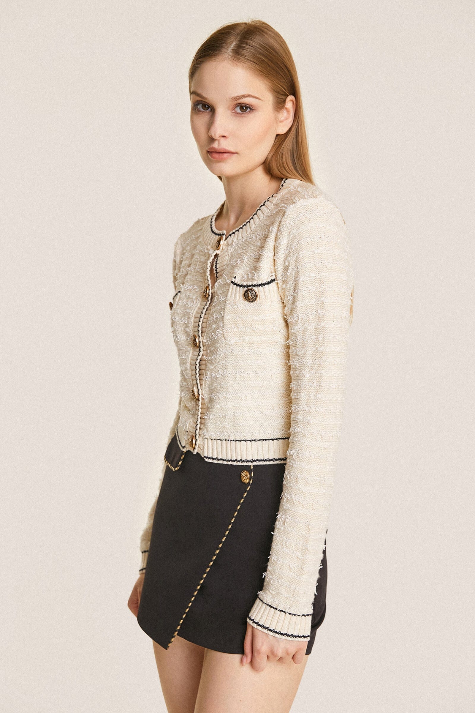 Beige Contrast Trim Button-Up Frayed Cardigan-J.ING