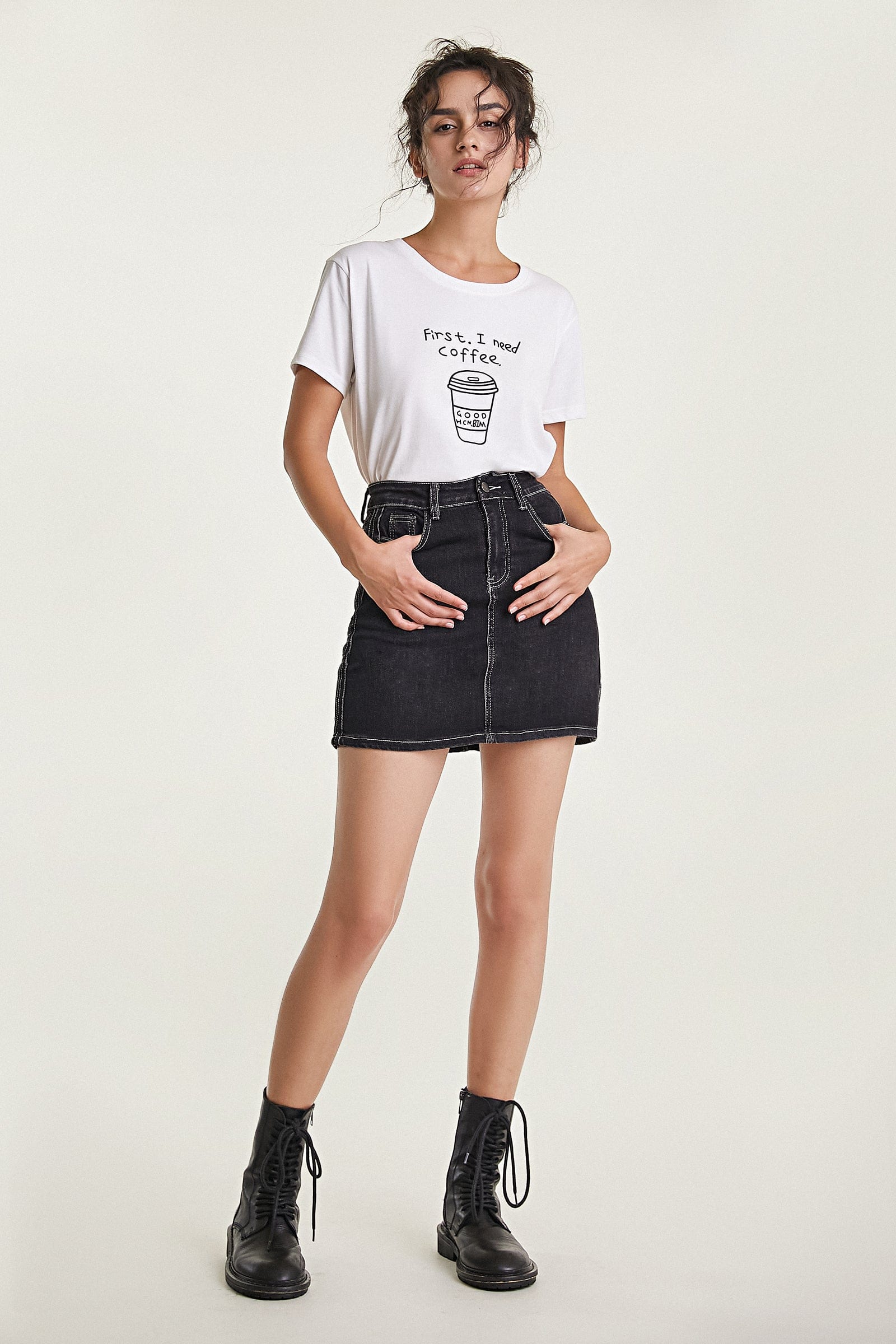 Black Contrast Stitch Cotton-Blend Mini Denim Skirt