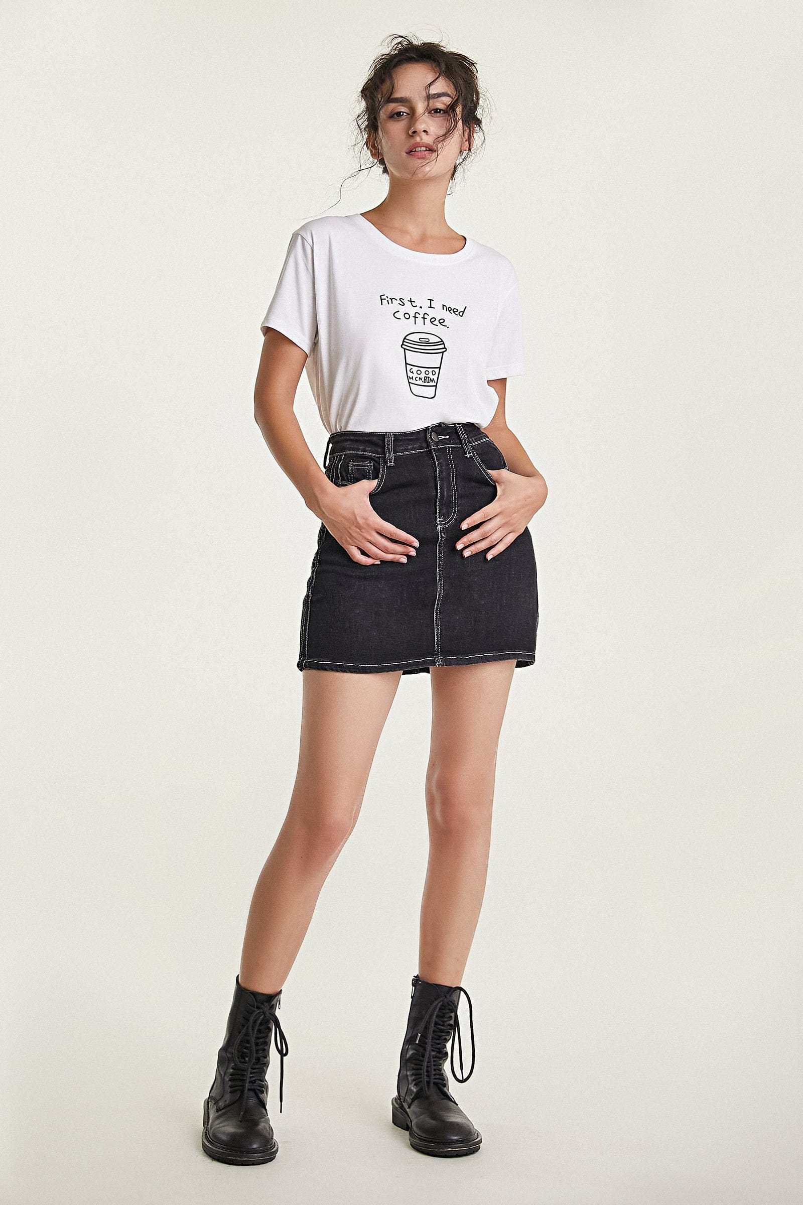 Black Contrast Stitch Cotton-Blend Mini Denim Skirt