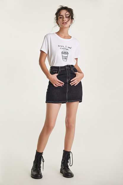Black Contrast Stitch Cotton-Blend Mini Denim Skirt