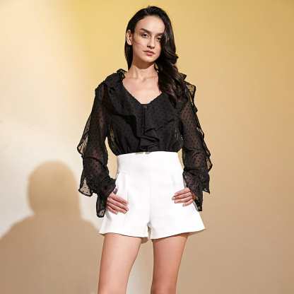 Black Swiss Dot Ruffle Blouse