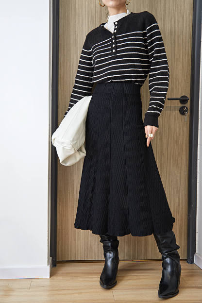 Black Wool-Blend Half-Button Striped Sweater