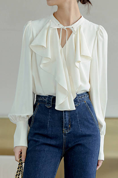 Beige Puffle Front Flounce-Trimmed Long Sleeve Blouse