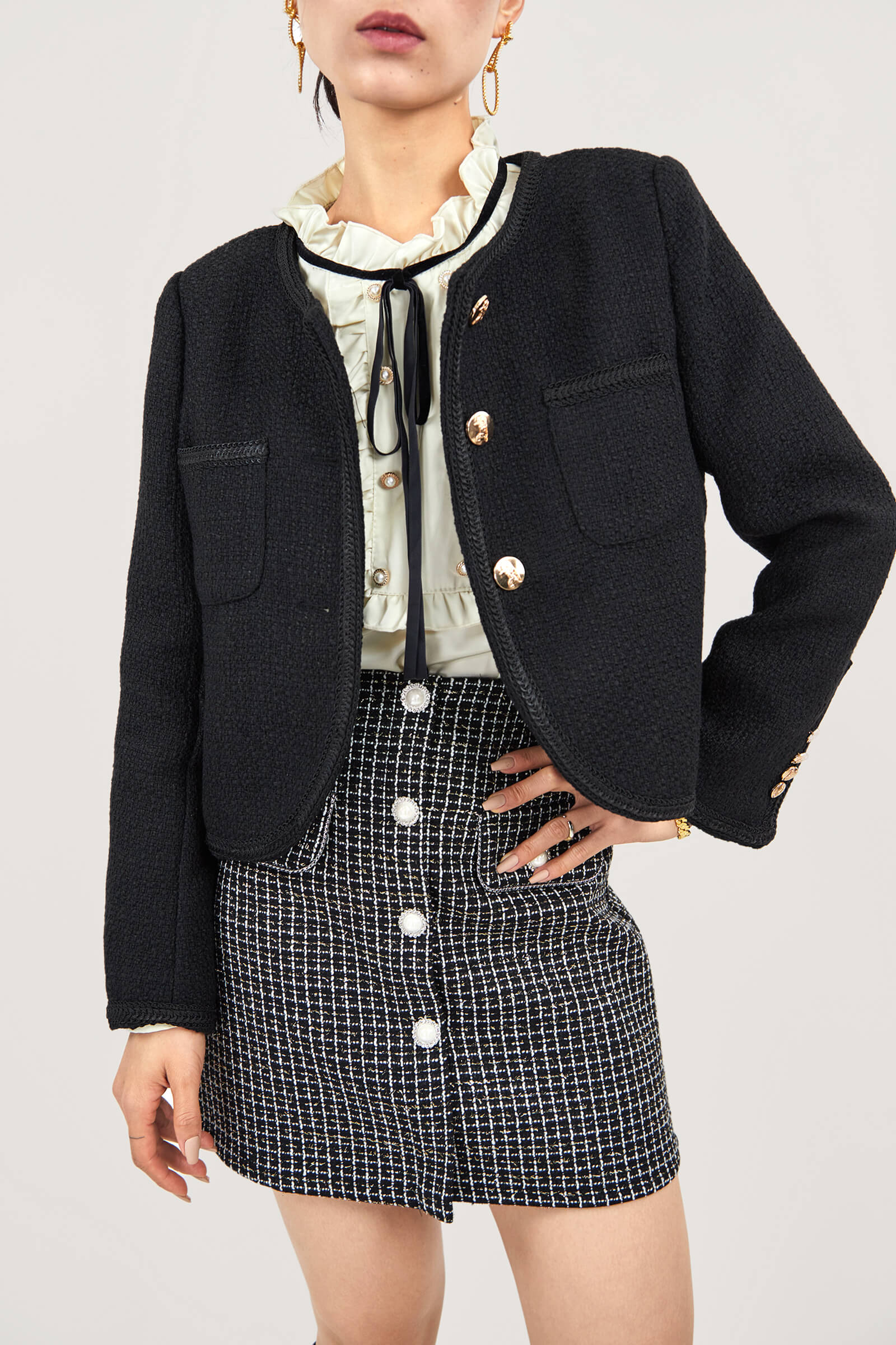 Black Frenchy Button Front Detail Tweed Jacket