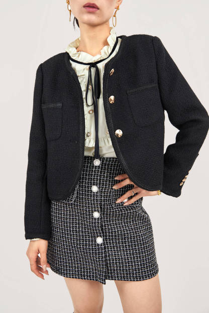 Black Frenchy Button Front Detail Tweed Jacket