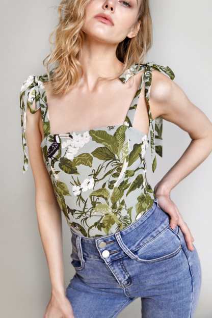 Dark Olive Green Printed Tie-Strap Tank Top