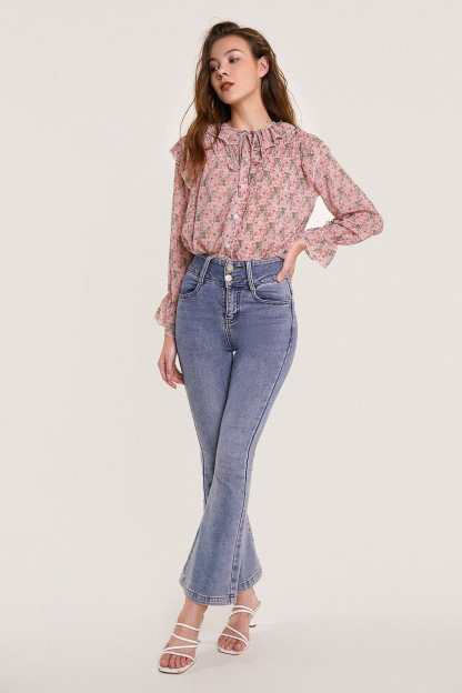 Pink Floral Print Tie Detail Ruffled Chiffon Blouse