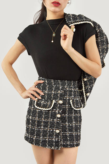 Black Plaid Tweed Fake Flap Pocket Jacket & Skirt Two-Piece Set