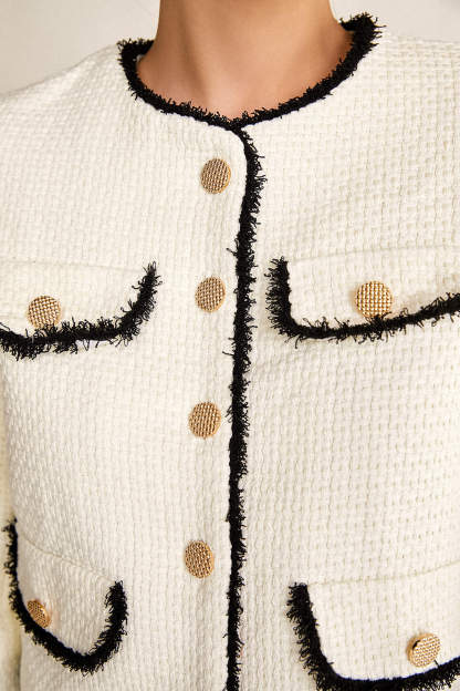 White Contrast Frayed Trim Tweed Jacket & Mini Skirt Two-Piece Set