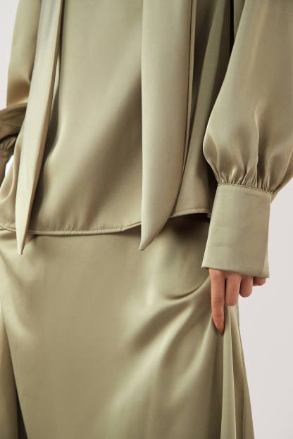 Dark Khaki Satin Ballon Sleeve Blouse