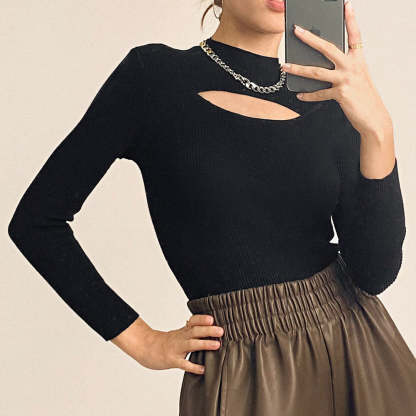 Black Mock Neck Front Cut Out Ribbed Knit Sweater