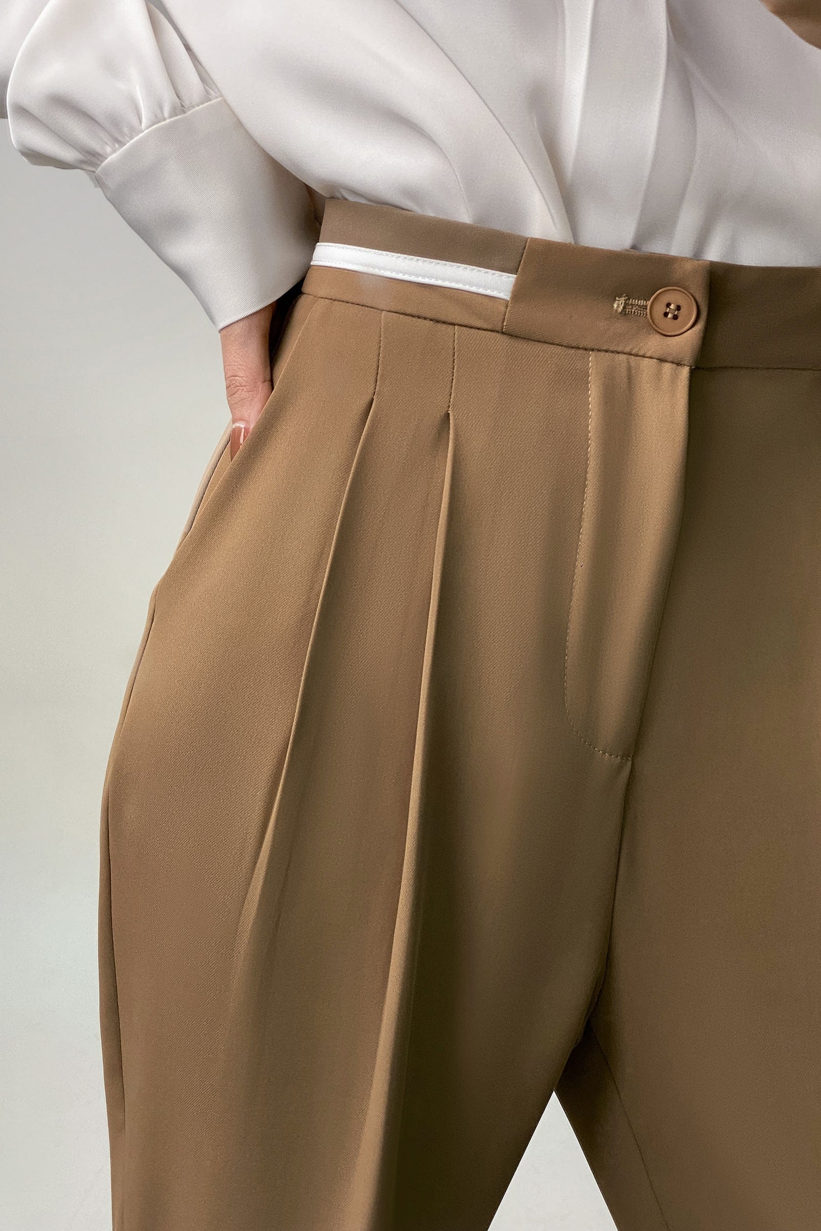 Dark Khaki Contrast Strap Detail Wide Leg Work Pants-J.ING