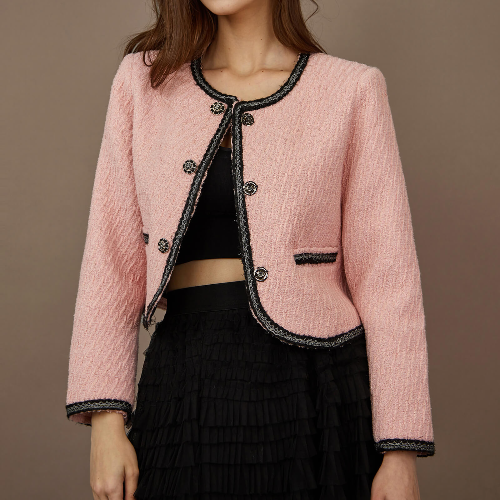 Pink Contrast Trim Tweed Jacket