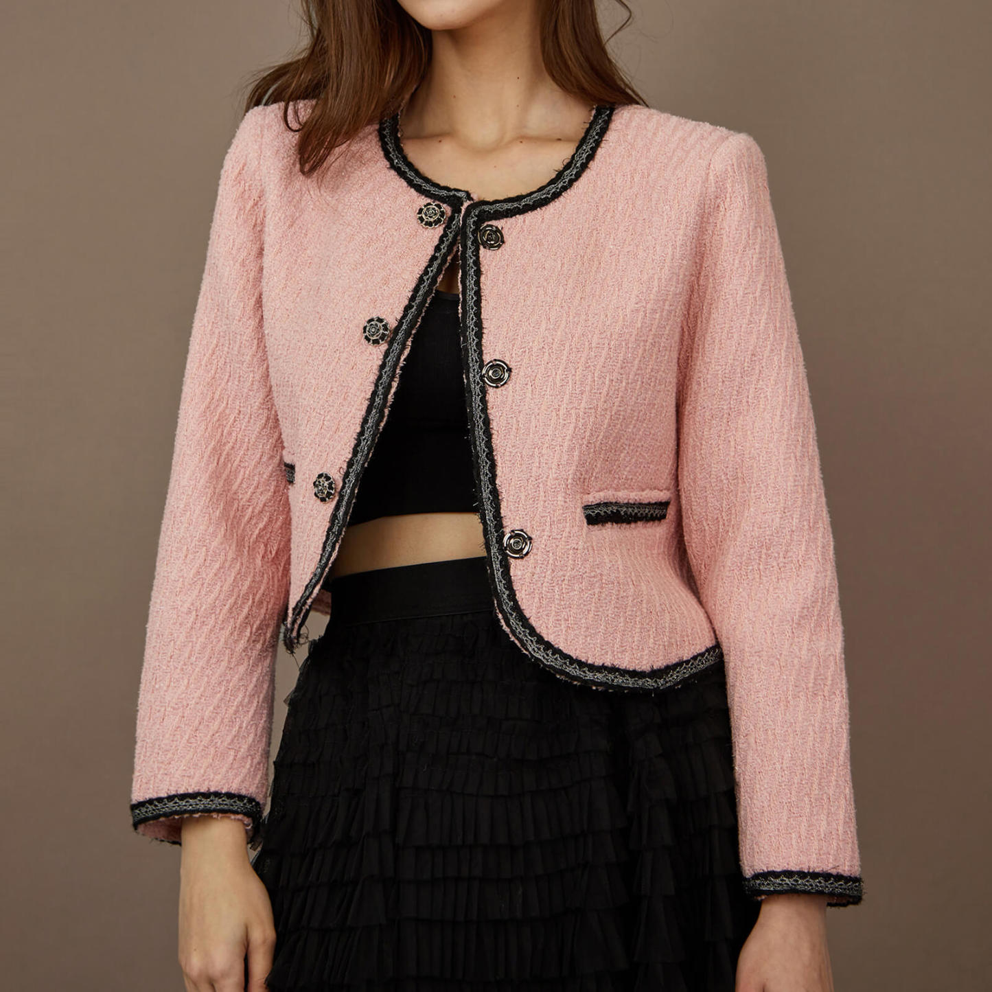 Pink Contrast Trim Tweed Jacket