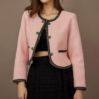 Pink Contrast Trim Tweed Jacket