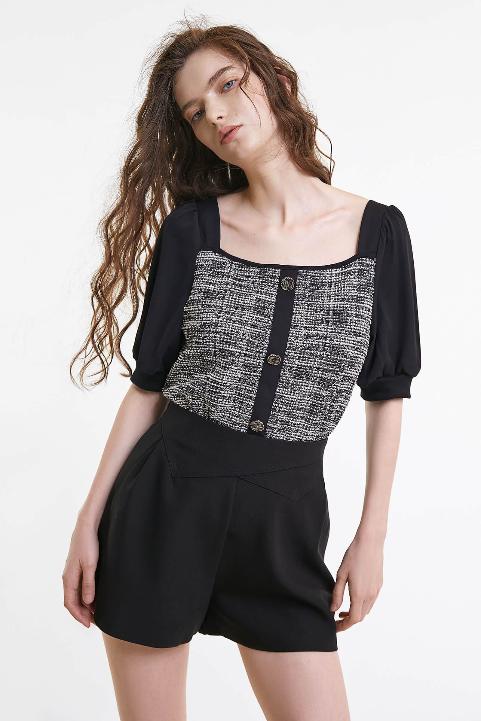 Black Tweed Square Neck Button Detail Puff Sleeve Blouse