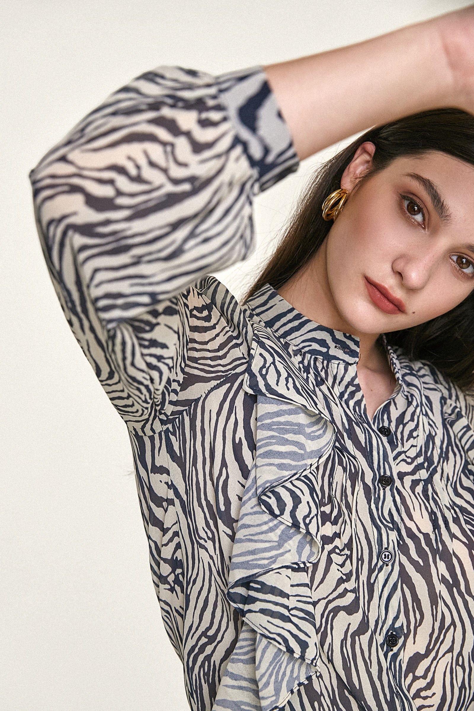 Black Zebra Print Ruffle Trim Button-Up Chiffon Work Shirt