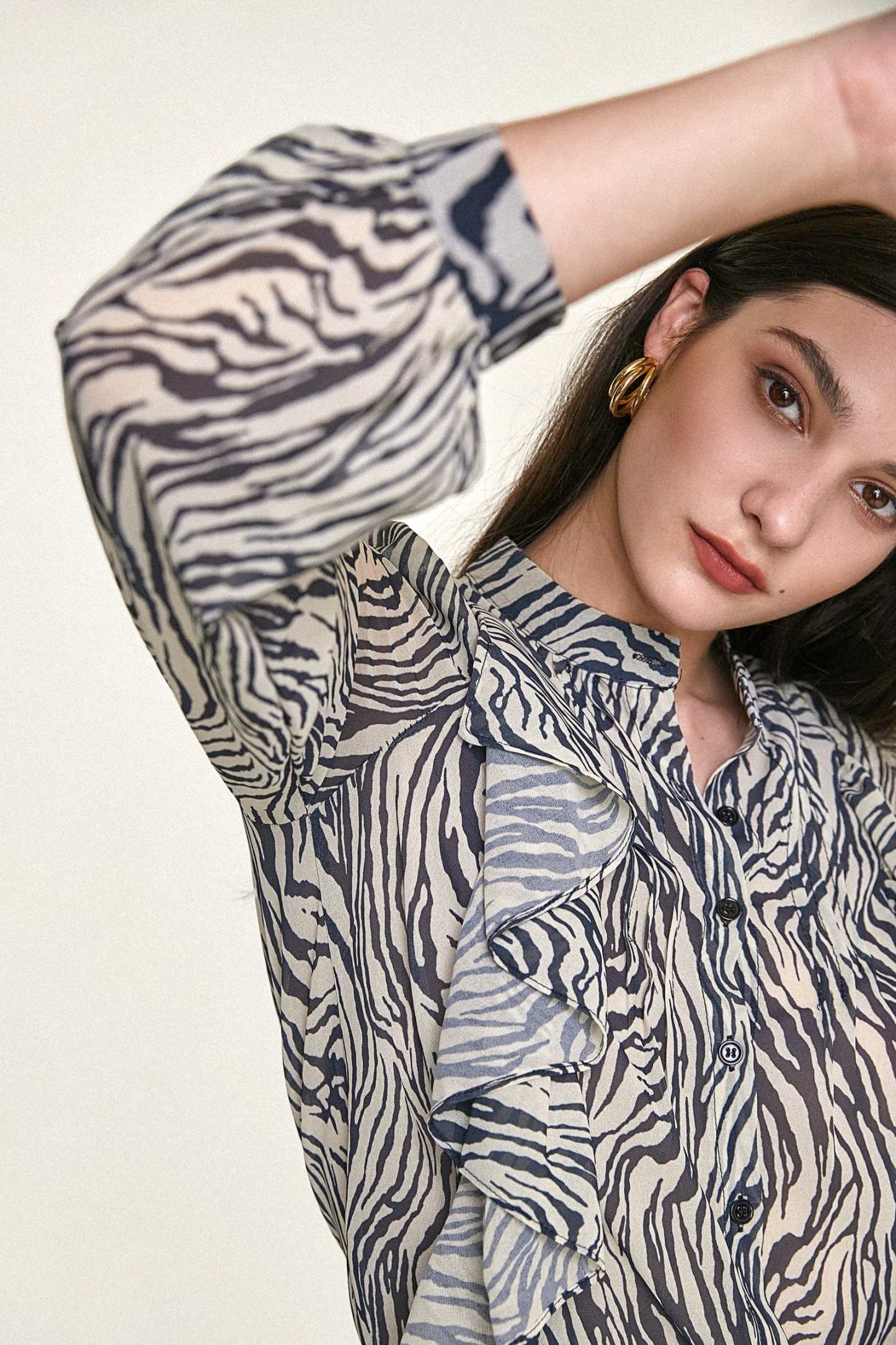 Black Zebra Print Ruffle Trim Button-Up Chiffon Work Shirt