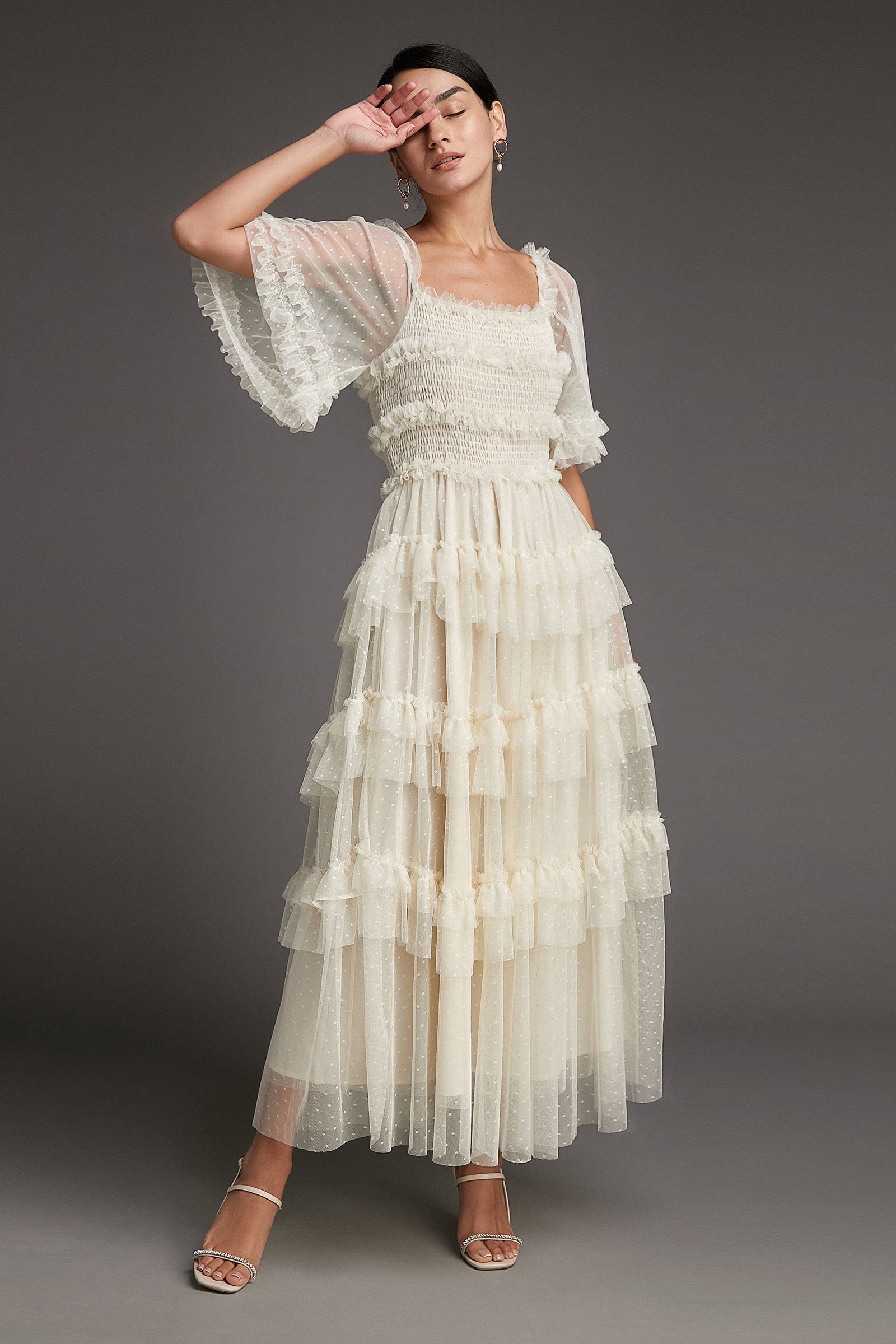 Beige Swiss Dot Mesh Ruffle Tiered Midi Dress