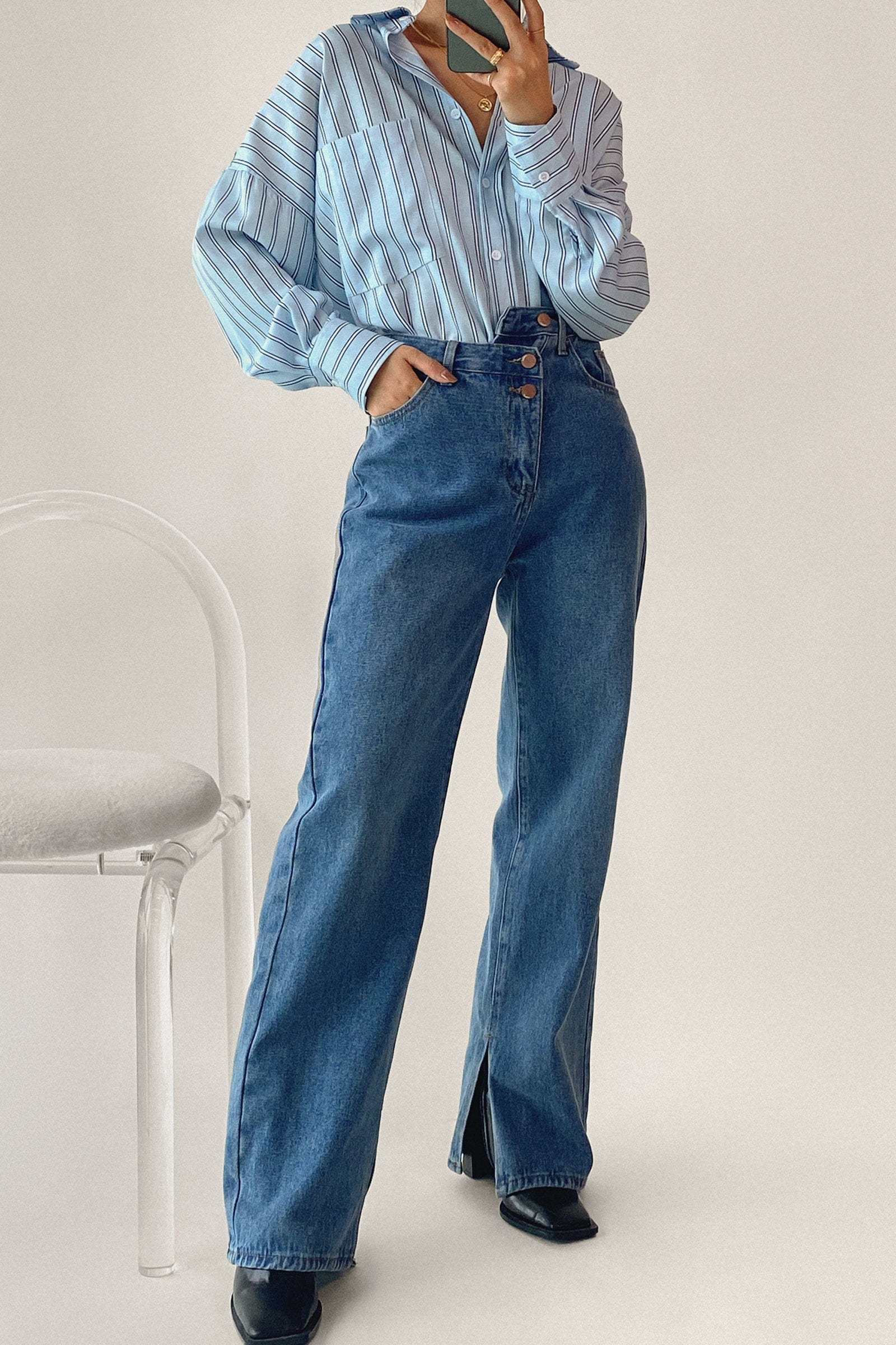 Light Blue Striped Pocket Button-Up Long Sleeve Shirt