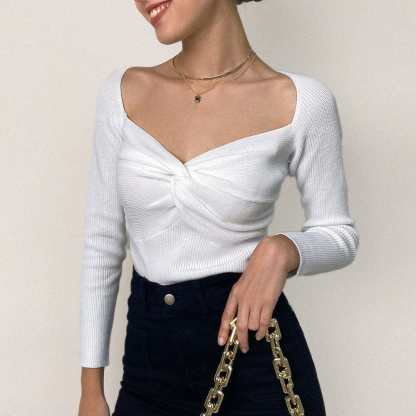 White Twist Front Ribbed Knit Sweater