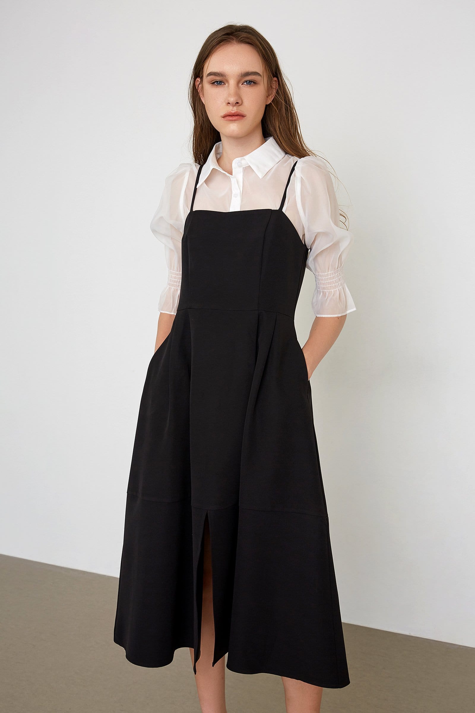 Astraea Black Slit Hem Midi Dress