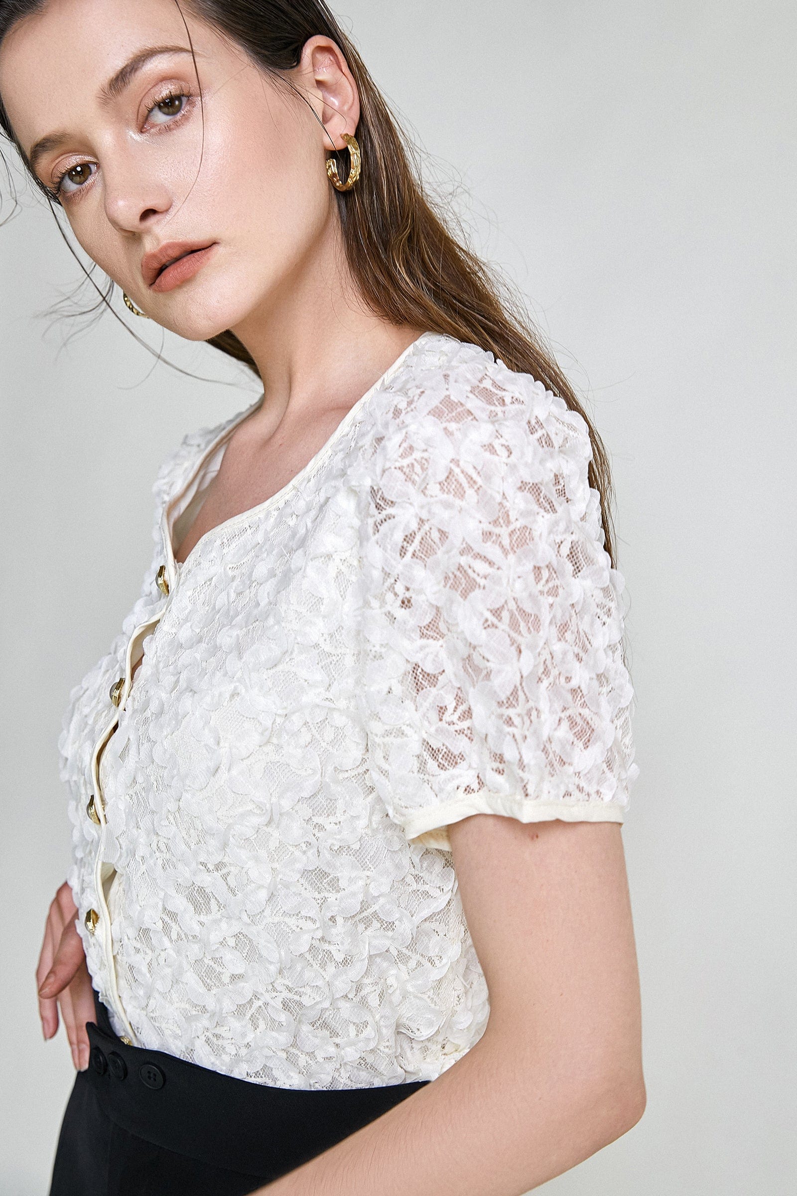 Light Yellow Textured Floral Button Front Blouse