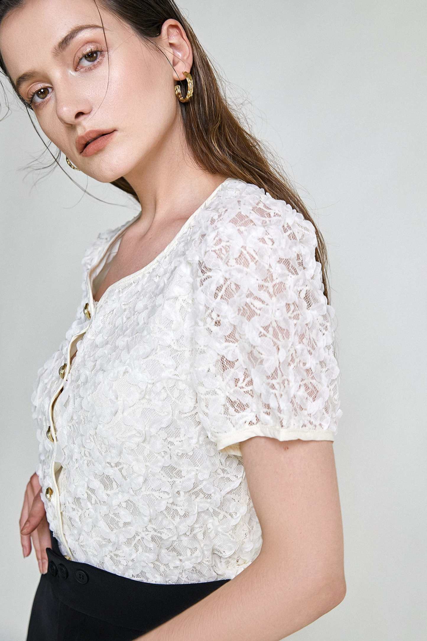 Light Yellow Textured Floral Button Front Blouse