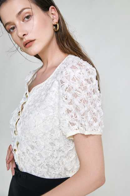Light Yellow Textured Floral Button Front Blouse