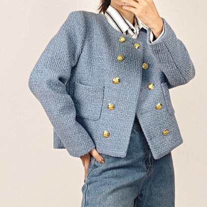 Cornflower Blue Double-Breasted Tweed Jacket With Gold Buttons