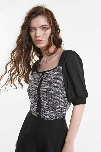 Black Tweed Square Neck Button Detail Puff Sleeve Blouse