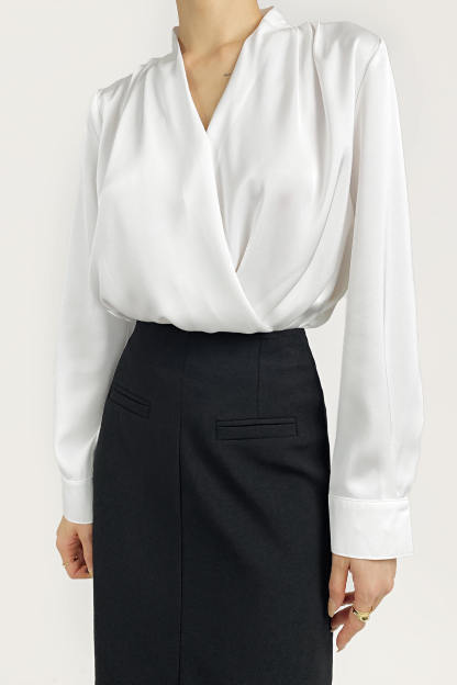 White Ruched Long Sleeve Surplice Blouse