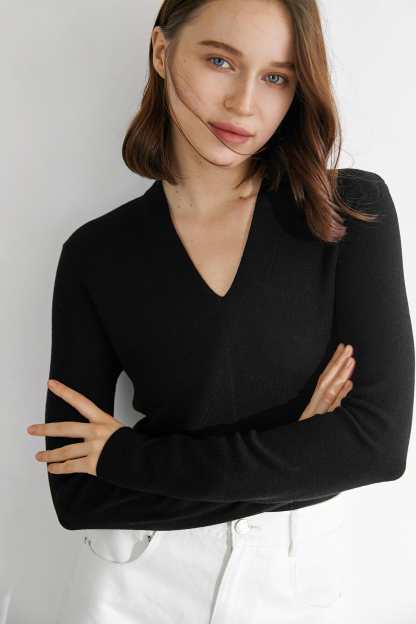 Aislin Premium Wool Black Long-Sleeve Button-Up Sweater