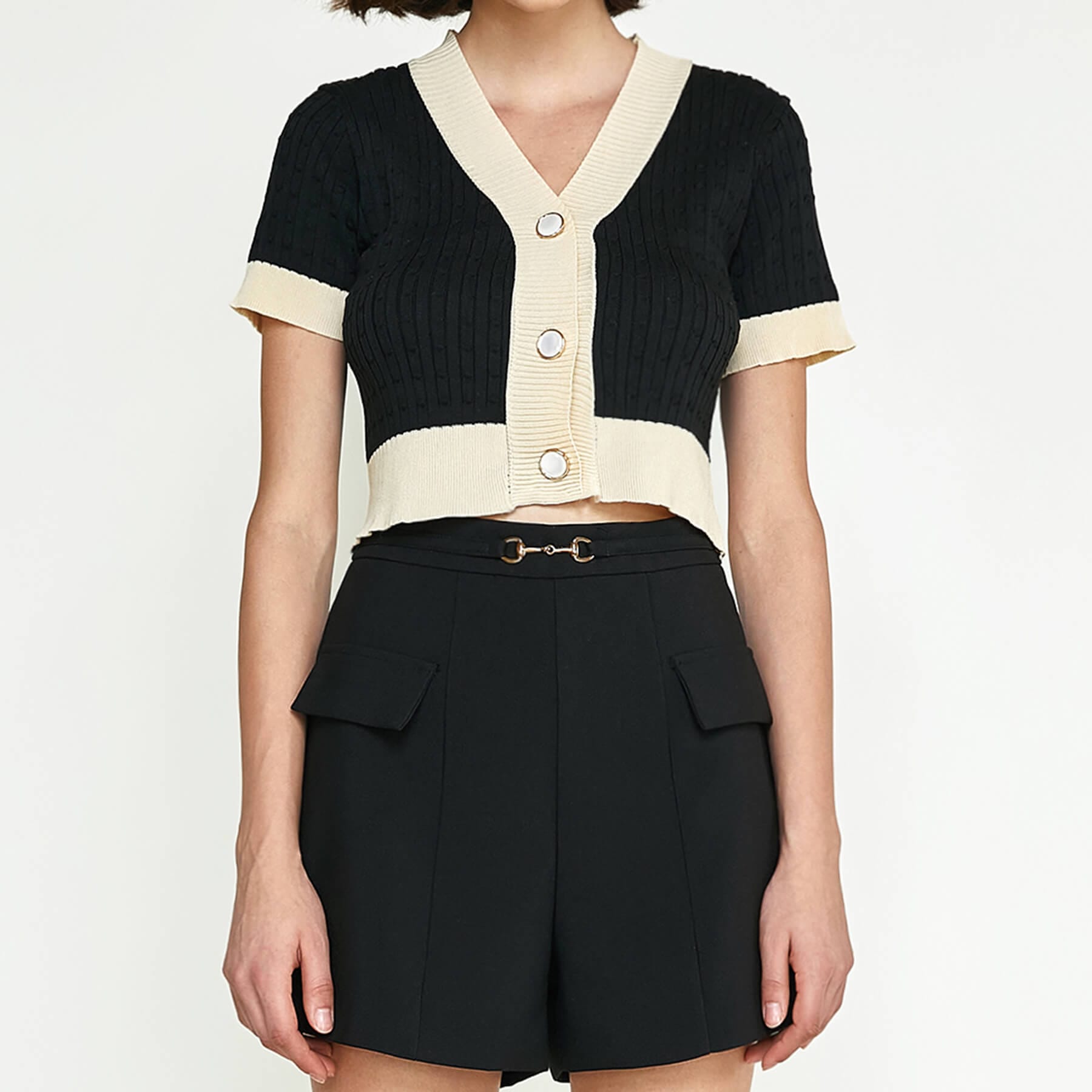 Black Contrast Trim Button-Up Cable Knit Cropped Cardigan