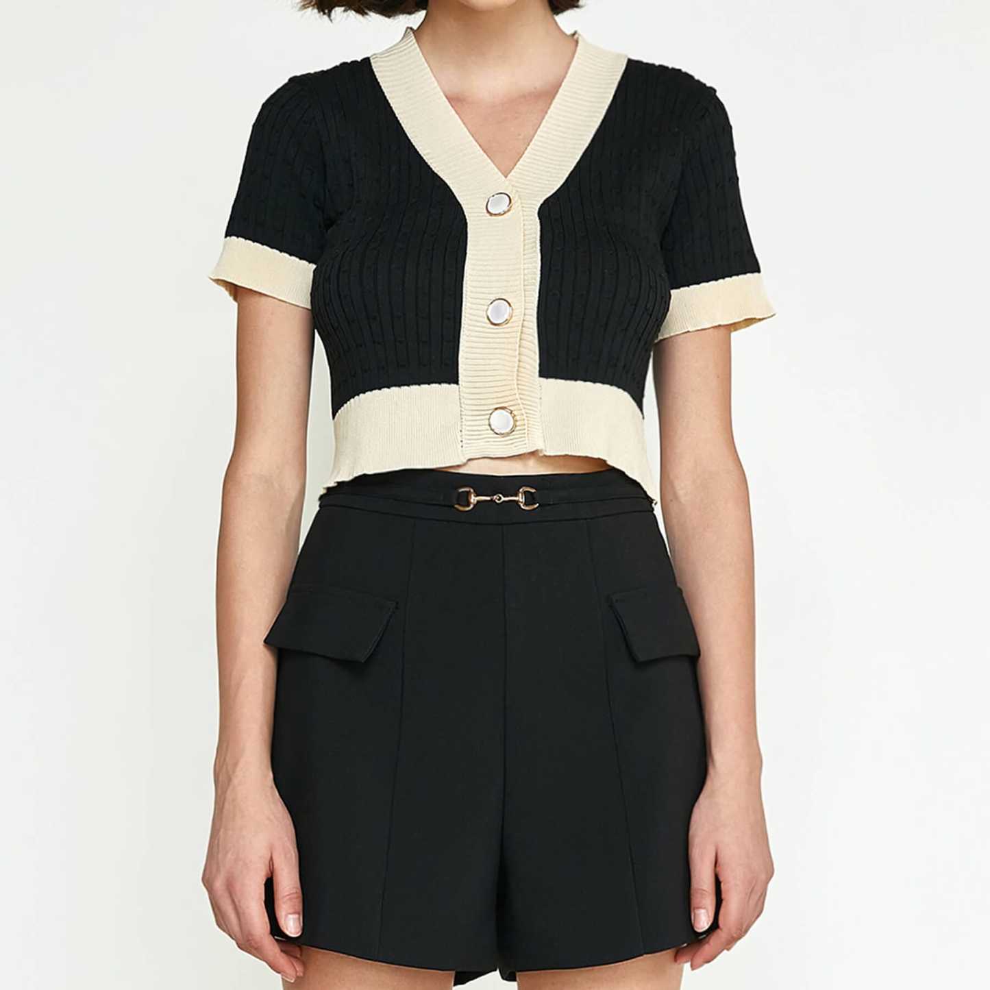 Black Contrast Trim Button-Up Cable Knit Cropped Cardigan