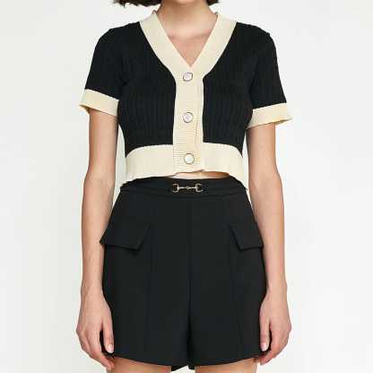 Black Contrast Trim Button-Up Cable Knit Cropped Cardigan