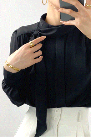 Black Long Sleeve Tie Neck Blouse