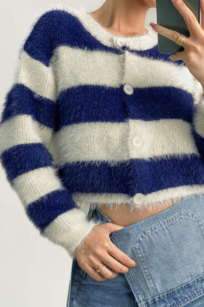 Dark Blue Striped Button-Up Fuzzy Knit Cardigan