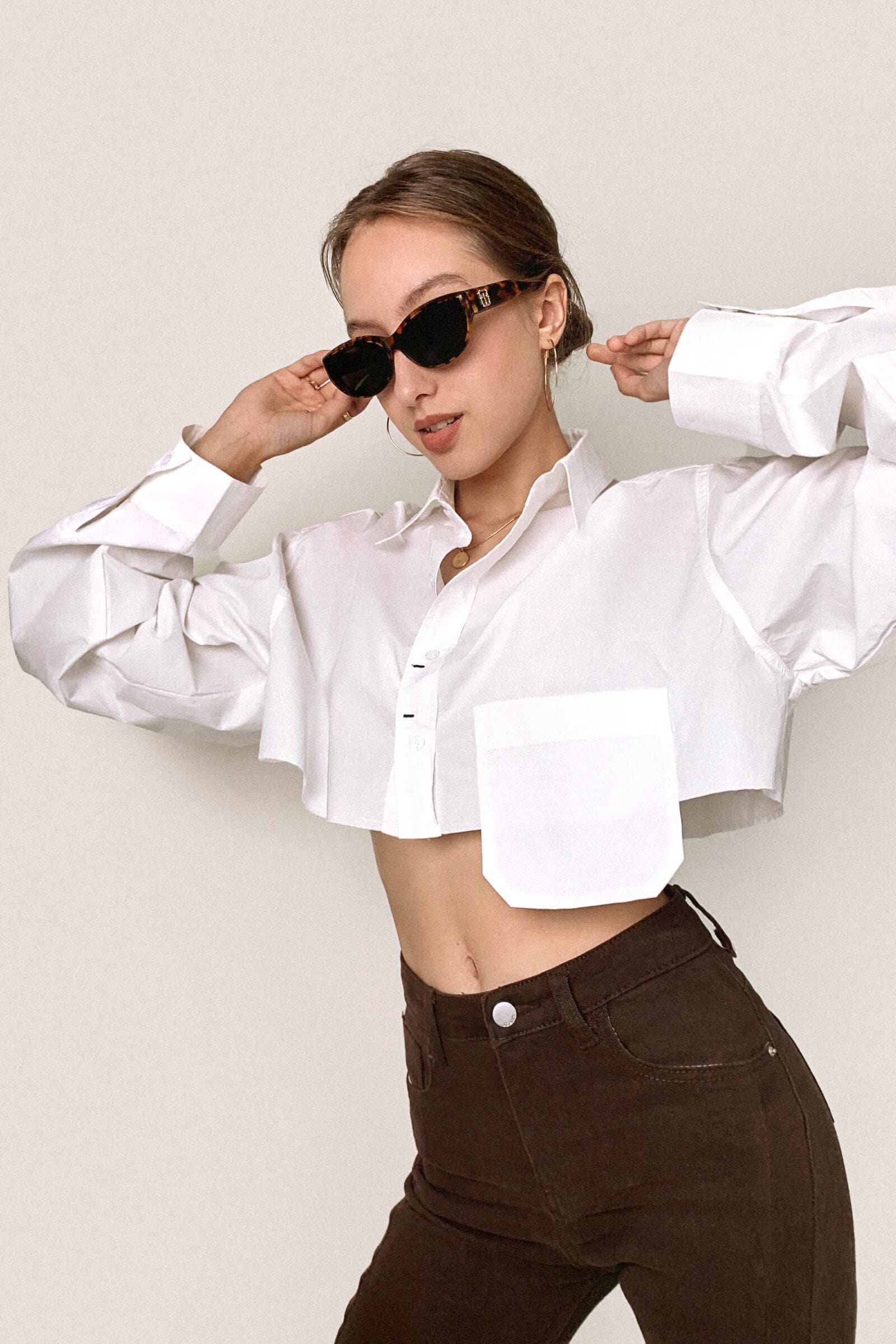 White Pocket Detail Cropped Shirt